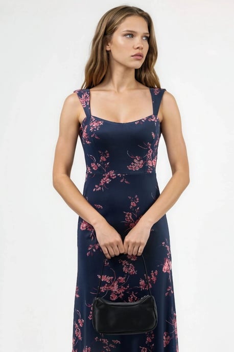 Floral Midi Dress with Heart Collar - Image 3