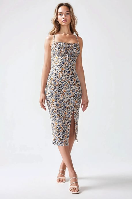 Allover Flower Print Bodycon Midi Dress with Slit - Image 2