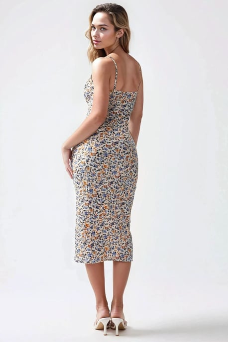 Allover Flower Print Bodycon Midi Dress with Slit - Image 6