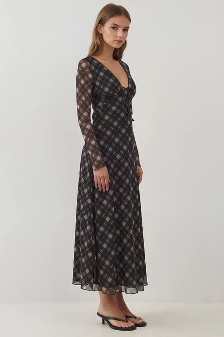 Djup V-ringad Elegant Midi Rutig Bodycon Klänning - Image 2