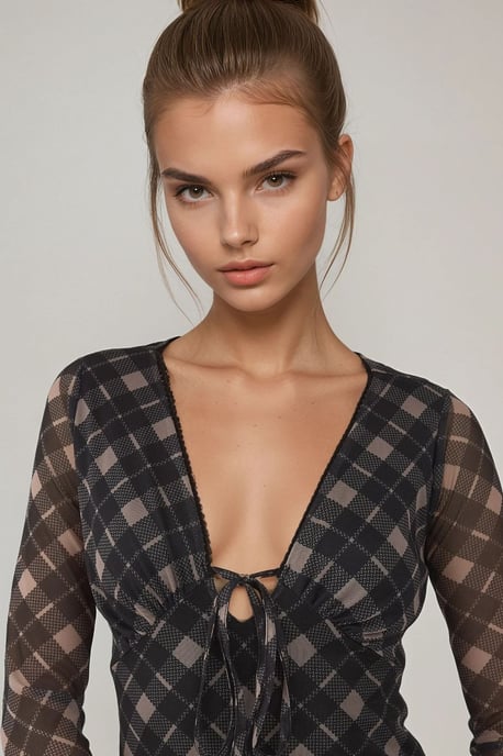 Djup V-ringad Elegant Midi Rutig Bodycon Klänning - Image 3