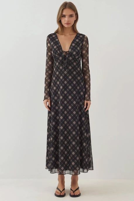 Djup V-ringad Elegant Midi Rutig Bodycon Klänning - Image 4