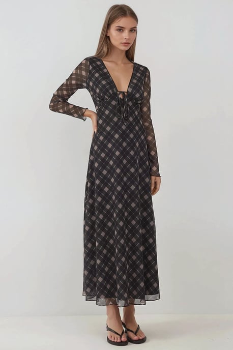 Djup V-ringad Elegant Midi Rutig Bodycon Klänning - Image 6