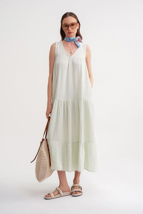 Mouwloze V-hals Muslin Midi Jurk met Zakken - Image 2