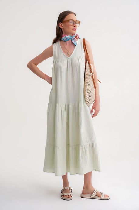 Mouwloze V-hals Muslin Midi Jurk met Zakken - Image 3
