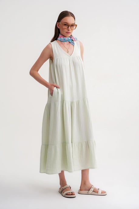 Mouwloze V-hals Muslin Midi Jurk met Zakken - Image 4