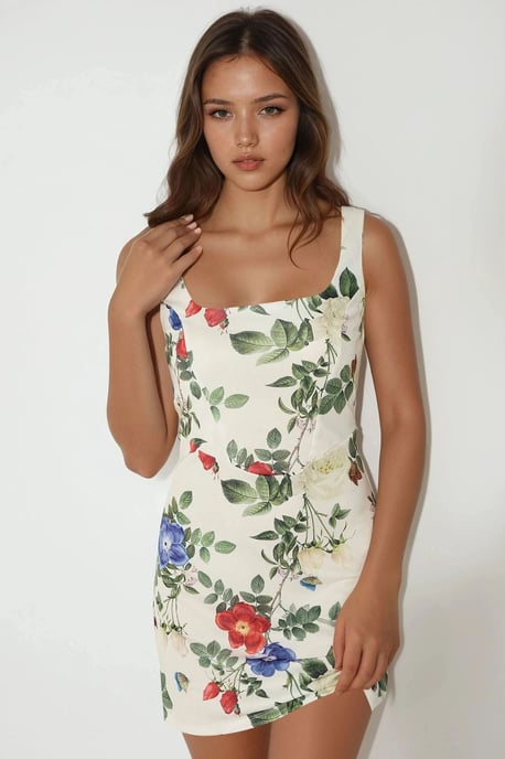 Bodycon Mini Dress with Square Collar and Floral Print - Image 1