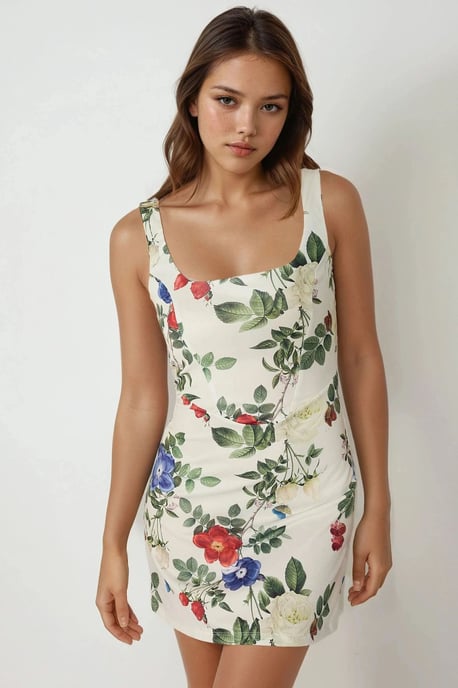 Bodycon Mini Dress with Square Collar and Floral Print - Image 2
