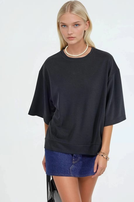 Oversized Geribbelde Cropped Blouse met Ronde Hals - Image 1