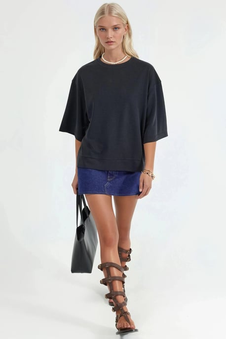Oversized Geribbelde Cropped Blouse met Ronde Hals - Image 3