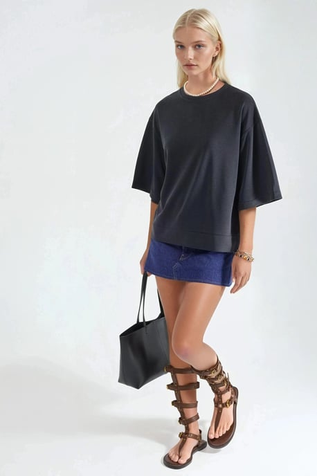 Oversized Geribbelde Cropped Blouse met Ronde Hals - Image 4