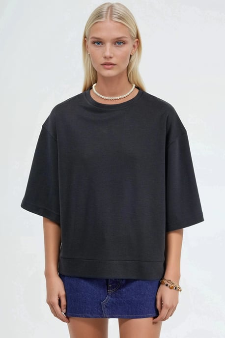 Oversized Geribbelde Cropped Blouse met Ronde Hals - Image 6