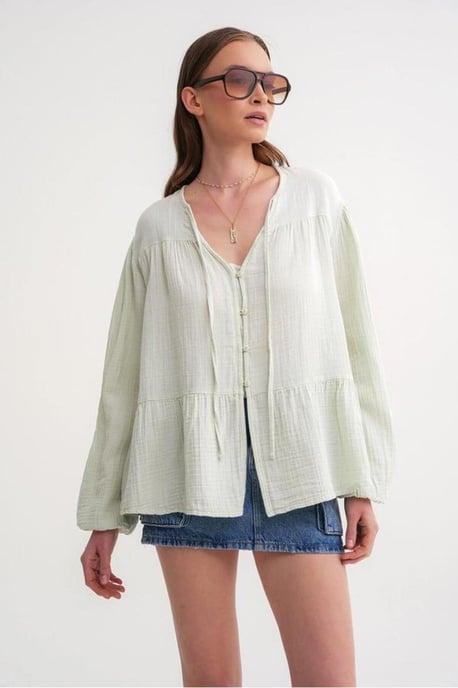 Lange Mouwen Losse Blouse met Strikhals - Image 4