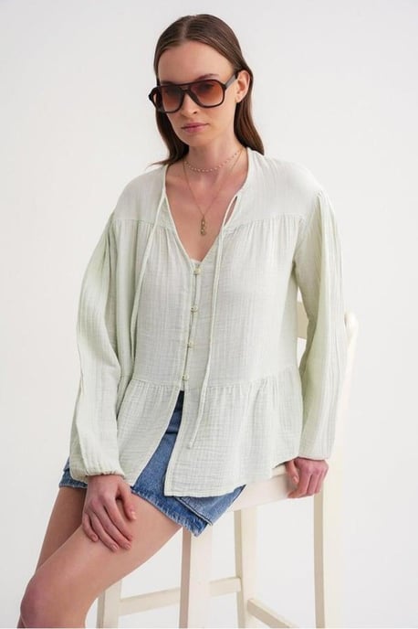 Lange Mouwen Losse Blouse met Strikhals - Image 6