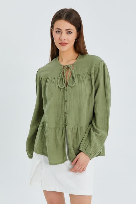 Lange Mouwen Losse Blouse met Strikhals - Image 1