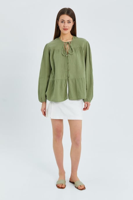 Lange Mouwen Losse Blouse met Strikhals - Image 2