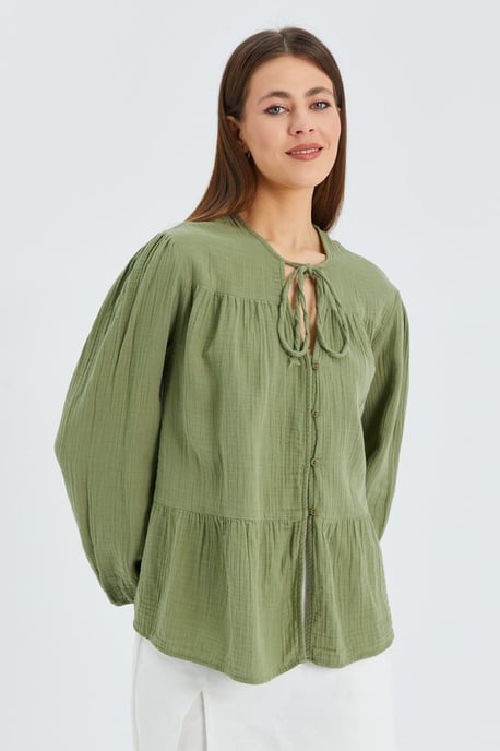 Lange Mouwen Losse Blouse met Strikhals - Image 3