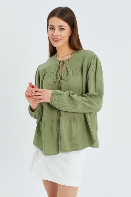 Lange Mouwen Losse Blouse met Strikhals - Image 5