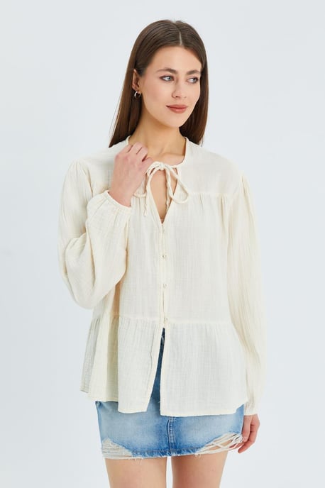 Lange Mouwen Losse Blouse met Strikhals - Image 1