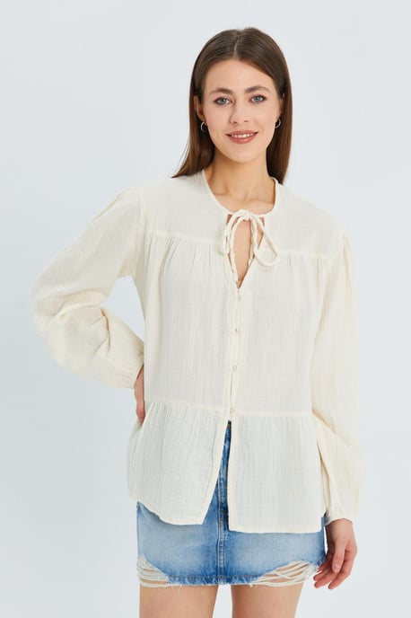 Lange Mouwen Losse Blouse met Strikhals - Image 3