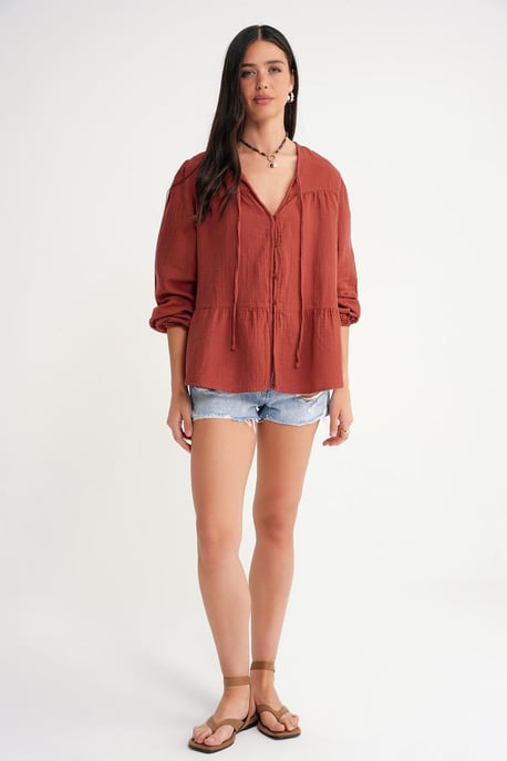 Lange Mouwen Losse Blouse met Strikhals - Image 2