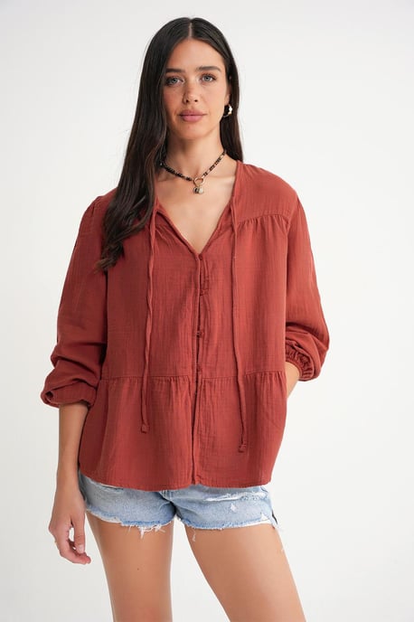 Lange Mouwen Losse Blouse met Strikhals - Image 3