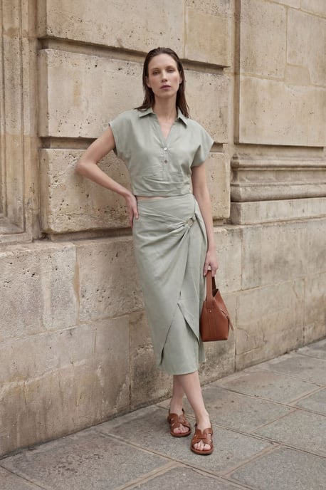 Linnenmix Cropped Blouse & Accessoire Detail Midi Rok Twee-Delige Set - Image 4