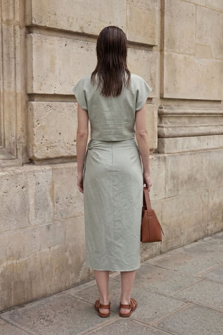 Linnenmix Cropped Blouse & Accessoire Detail Midi Rok Twee-Delige Set - Image 5