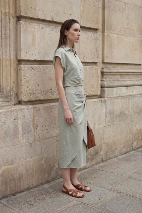 Linnenmix Cropped Blouse & Accessoire Detail Midi Rok Twee-Delige Set - Image 6