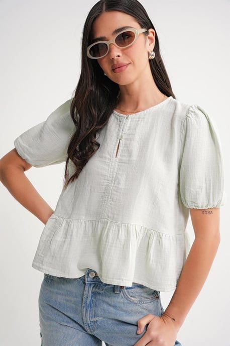 Gestructureerde Musselinen Crew Neck Blouse met Knopsluiting - Image 4