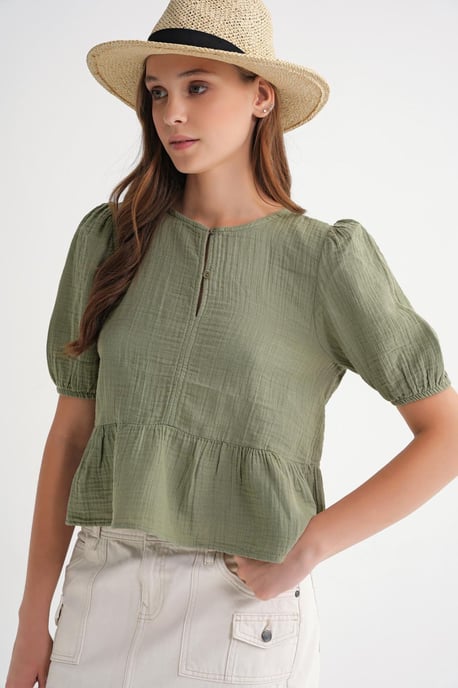 Getextureerde Mousseline Crew Neck Blouse met Knopsluiting - Image 2
