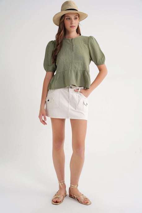 Getextureerde Mousseline Crew Neck Blouse met Knopsluiting - Image 3
