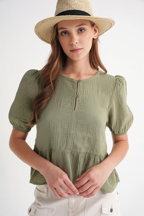 Getextureerde Mousseline Crew Neck Blouse met Knopsluiting - Image 4