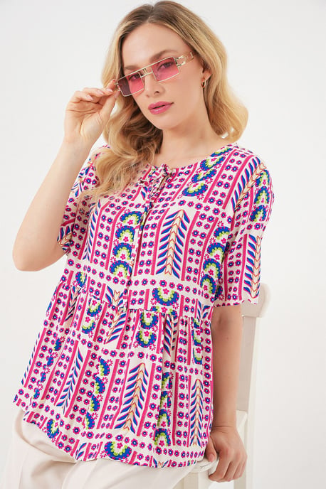 Patroon Blouse met Ronde Hals en Strikdetail - Image 3