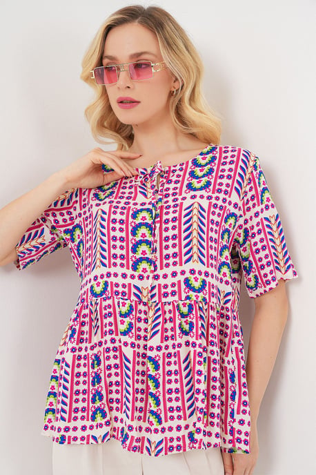 Patroon Blouse met Ronde Hals en Strikdetail - Image 4