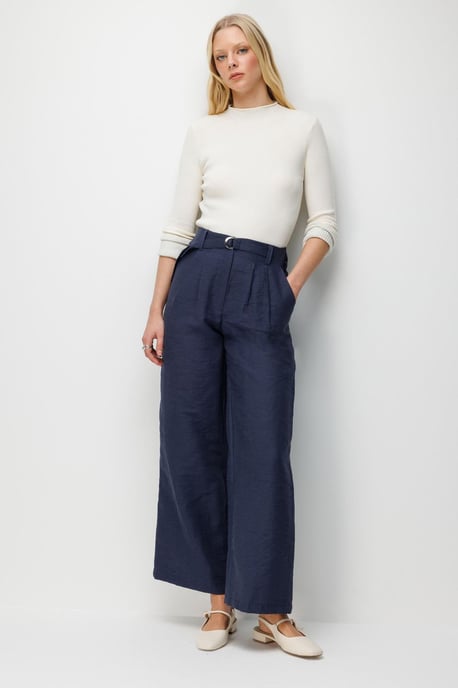 Hoge Taille Geweven Wijde Pijpen Broek met Ceintuur - Image 3