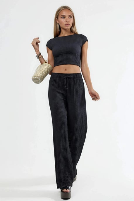 Textured Wide Leg Trousers with Drawstring Waist - Image 2