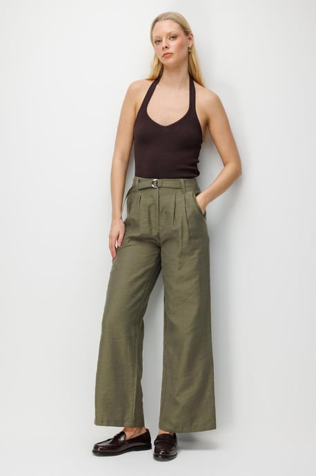 Hoge Taille Geweven Wijde Pijpen Broek met Ceintuur - Image 1