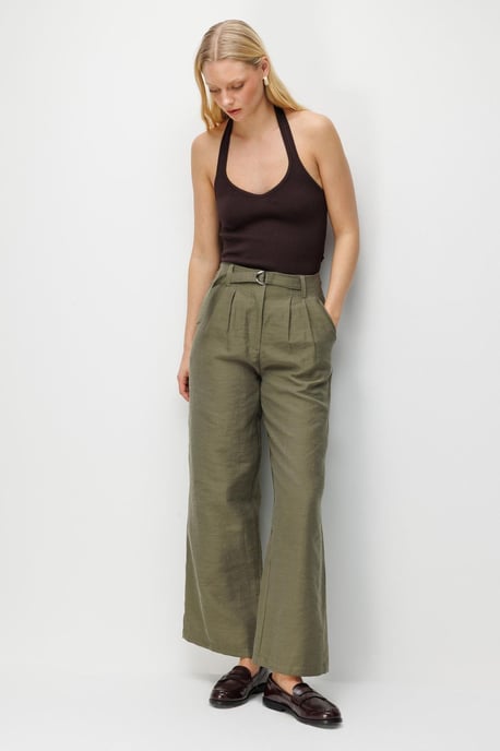 Hoge Taille Geweven Wijde Pijpen Broek met Ceintuur - Image 3