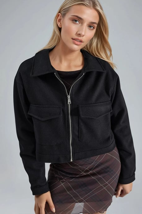 Crop Gabardine Jacket with Zipper and Pocket - Image 1
