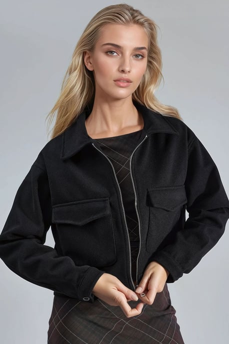 Crop Gabardine Jacket with Zipper and Pocket - Image 2