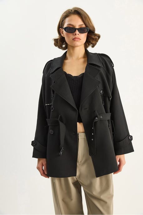 Katoenen Mix Midi Trenchcoat met Knopsluiting - Image 2