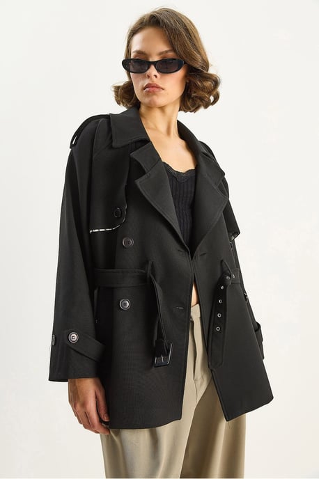 Katoenen Mix Midi Trenchcoat met Knopsluiting - Image 3