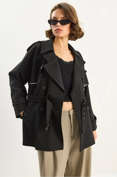 Katoenen Mix Midi Trenchcoat met Knopsluiting - Image 4