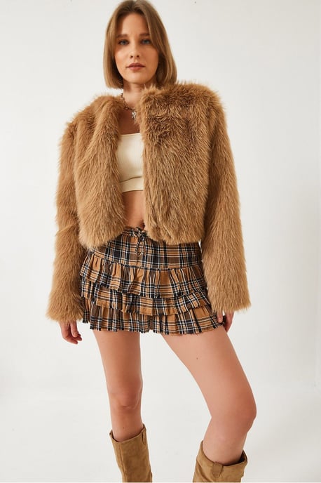 Boxy Crop Faux Fur Coat - Image 1
