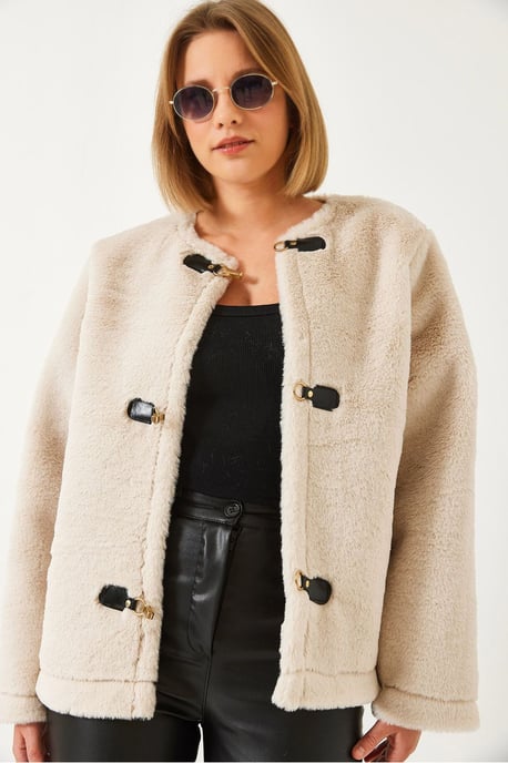 Faux Fur Collarless Jacket with Toggle Closures - Image 1
