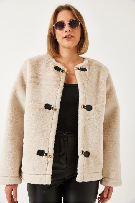 Faux Fur Kavaj utan Krage med Snörning - Image 2