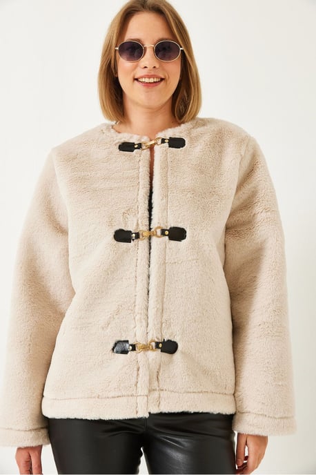 Faux Fur Kavaj utan Krage med Snörning - Image 3