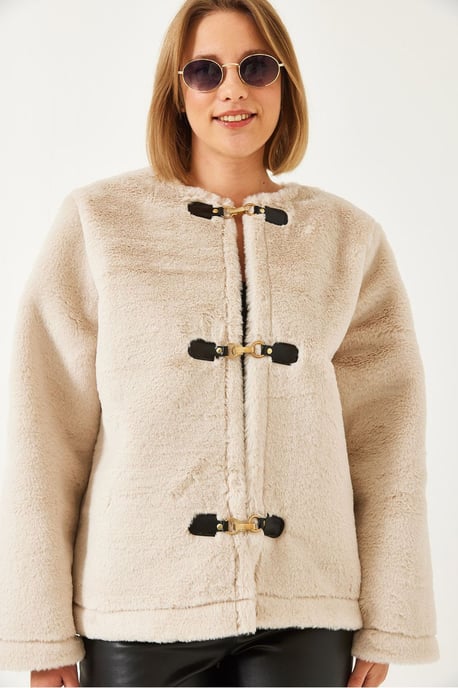 Faux Fur Kavaj utan Krage med Snörning - Image 4