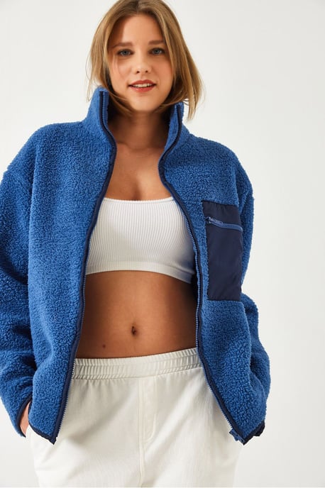 Plush Zipper Collar Faux Fur Jacket - Image 1